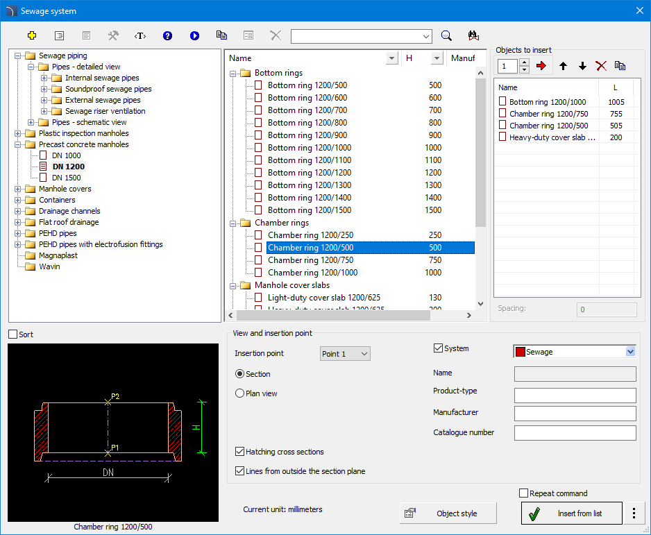 Cuadro de CADprofi HVAC & Piping para configurar cámaras de inspección de hormigón en redes de desagüe