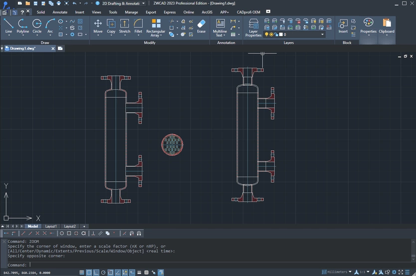 CADprofi integrado en la cinta de comandos de ZWCAD Professional, con un intercambiador de calor dibujado en DWG