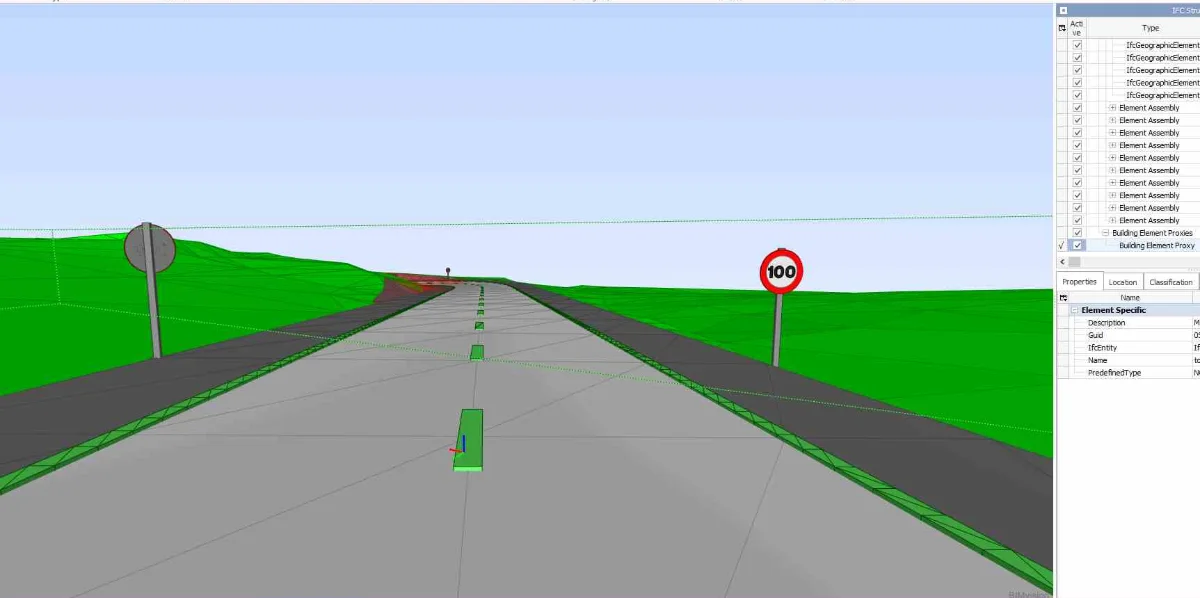 Proyecto vial exportado desde tcpMDT a IFC 4.3 y abierto en un visor BIM