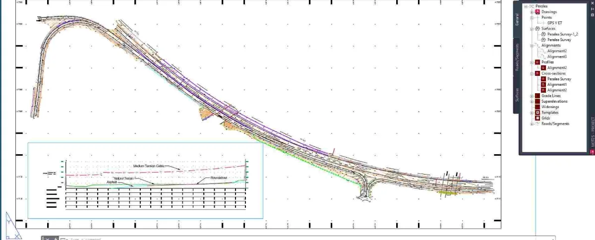 Eje de un camino en planta con perfil longitudinal y rasante en tcpMDT