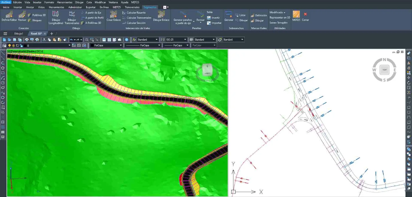 tcpMDT Professional trabajando sobre ZWCAD: camino en 3D y planta con peraltes